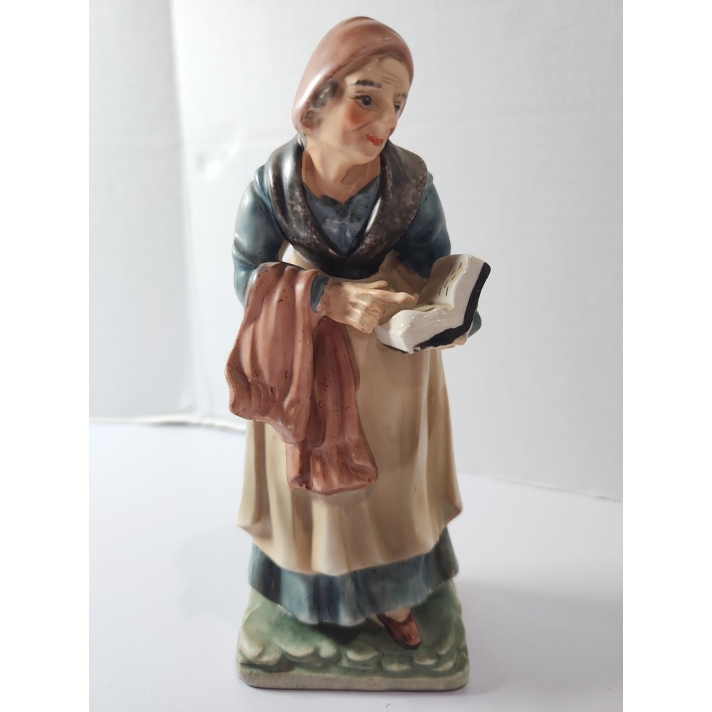 Vintage Ceramic Figurine Old Woman Reading Book Peasant Lady Japan Hand Painted